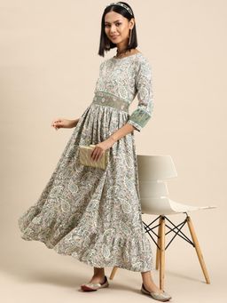 Gahan - Green Rayon Paisley Floral Printed Zari Embroidered Gown