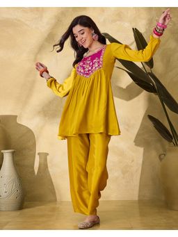 Gahan - Yellow Silk Blend Zari Sequence Thread Embroidered Kurta & Palazzo
