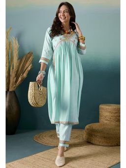 Gahan - Womens Embroidered Sequence Turquoise Blue Cotton Blend Kurta with Pant