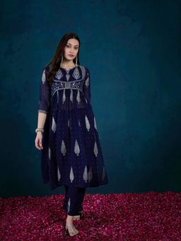 Gahan - Embroidered Sequence Navy Blue Silk Blend Printed Kurta with Palazzo