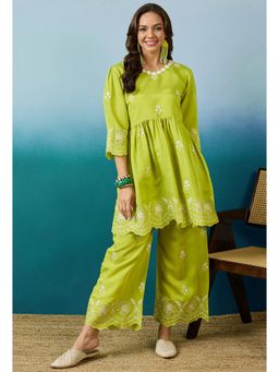 Gahan - Embroidered Boring Work Lime Green Silk Kurta with Palazzo