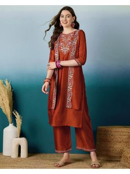 Gahan - Rust Silk Blend Sequence Floral Embroidered Kurta with Pant