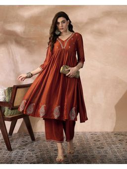 Gahan - Rust Silk Blend Floral Embroidered Anarkali Kurta Pant