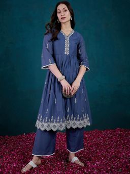 Gahan - Embroidered Sequence Pure Cotton Anarkali Blue Anarkali Kurta with Pant