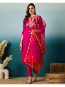 Gahan - Embroidered Zari Sequence Magenta Silk Blend Kurta with Pant & Dupatta