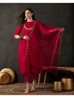 Gahan - Red Silk Blend Zari Sequence Thread Embroidered Kurta with Pant & Dupatta