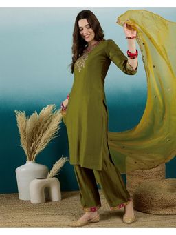 Gahan - Olive Silk Blend Zari Thread Embroidered Kurta with Pant & Dupatta