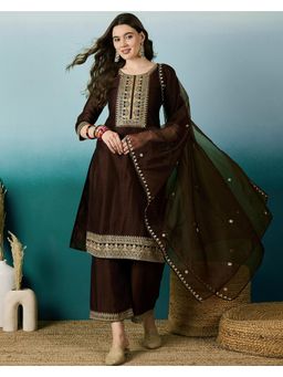 Gahan - Brown Silk Blend Zari Sequence Embroidered Kurta with Pant & Dupatta