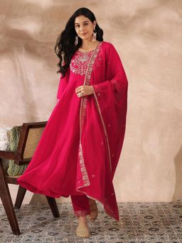 Gahan - Magenta Silk Blend Zari Sequence Embroidered Anarkali Kurta with Pant & Dupatta