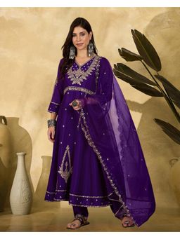 Gahan - Purple Silk Blend Zari Sequence Embroidered Anarkali Kurta with Pant & Dupatta