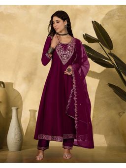 Gahan - Purple Silk Blend Zari Sequence Thread Embroidered Anarkali Kurta with Pant & Dupatta