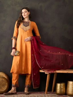 Gahan - Orange Silk Blend Zari Sequence Embroidered Kurta with Pant & Dupatta