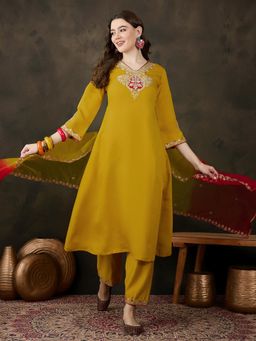 Gahan - Yellow Silk Blend Zari Sequence Embroidered Anarkali Kurta with Pant & Dupatta