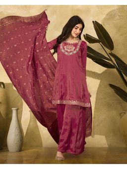 Gahan - Magenta Silk Blend Zari Sequence Thread Embroidered Kurta with Palazzo & Dupatta
