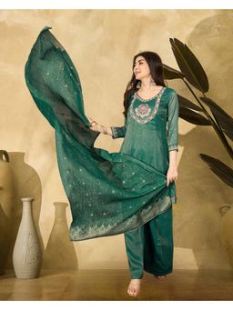 Gahan - Teal Silk Blend Zari Sequence Thread Embroidered Kurta with Palazzo & Dupatta