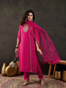 Gahan - Pink Silk Blend Zari Sequence Embroidered with Polka Dot Kurta with Pant & Dupatta