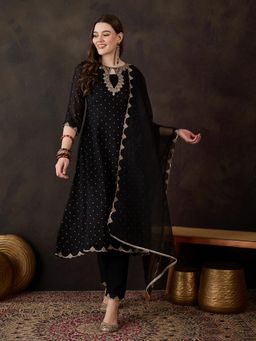 Gahan - Black Silk Blend Zari Sequence Embroidered Anarkali Kurta with Pant & Dupatta