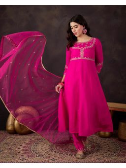 Gahan - Magenta Silk Blend Zari Sequence Embroidered Anarkali Kurta with Pant & Dupatta