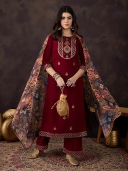 Gahan - Maroon Silk Blend Zari Sequence Embroidered Floral Print Kurta with Pant & Dupatta