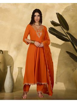 Gahan - Orange Georgette Zari Sequence Thread Embroidered Anarkali Kurta with Pant & Dupatta