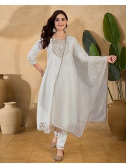 Gahan - White Silk Blend Zari Sequence Embroidered Anarkali Kurta with Pant & Dupatta