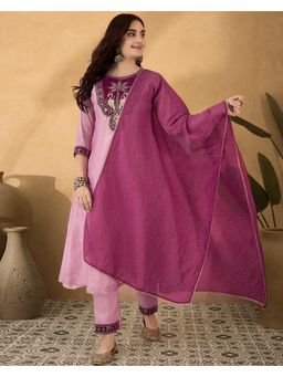 Gahan - Pink Silk Blend Zari Sequence Embroidered Anarkali Kurta with Pant & Dupatta