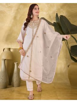Gahan - Embroidered Zari Sequence White Silk Blend Kurta with Pant & Dupatta