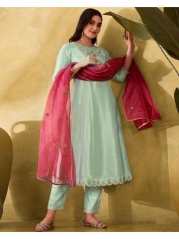 Gahan - Pista Green Silk Blend Zari Sequence Embroidered Anarkali Kurta with Pant & Dupatta