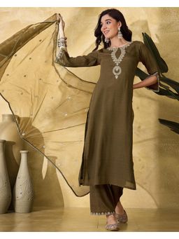 Gahan - Brown Poly Chinon Zari Sequence Embroidered Kurta with Pant & Dupatta