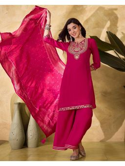 Gahan - Raani Poly Chinon Zari Sequence Embroidered Kurta with Palazzo & Dupatta