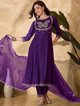 Gahan - Purple Silk Blend Zari Sequence Embroidered Anarkali Kurta with Pant & Dupatta