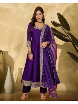 Gahan - Purple Silk Blend Zari Sequence Thread Embroidered Anarkali Kurta with Pant & Dupatta