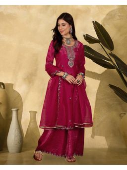 Gahan - Magenta Silk Blend Zari Sequence Thread Embroidered Kurta with Palazzo & Dupatta