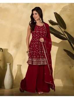 Gahan - Red Silk Blend Sequence Thread Embroidered Kurta with Palazzo & Dupatta