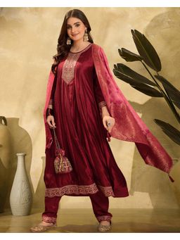 Gahan - Maroon Silk Blend Zari Sequence Embroidered Anarkali Kurta with Pant & Dupatta