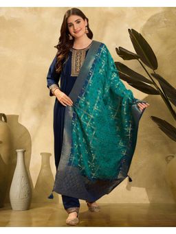 Gahan - Blue Silk Blend Zari Sequence Embroidered Anarkali Kurta with Pant & Dupatta