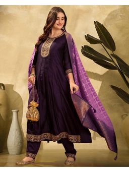 Gahan - Purple Silk Blend Zari Sequence Embroidered Anarkali Kurta with Pant & Dupatta