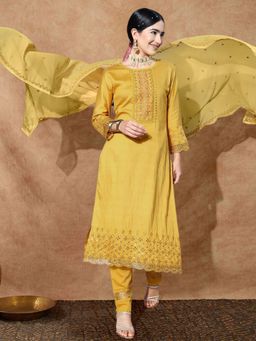 Gahan - Womens Sequence Embroidered Yellow Cotton Blend Kurta with Pant & Dupatta