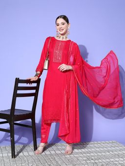 Gahan - Womens Sequence Embroidered Red Cotton Blend Kurta with Pant & Dupatta