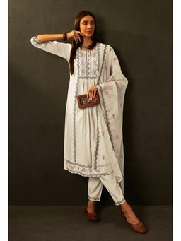 Gahan - Womens Embroidered Sequence Off White Cotton Blend Kurta with Pant & Dupatta