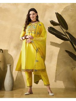 Gahan - Yellow Silk Blend Thread Work Embroidered Kurta with Pant & Dupatta