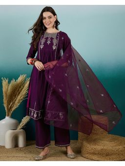 Gahan - Purple Silk Blend Zari Sequence Embroidered Kurta with Pant & Dupatta