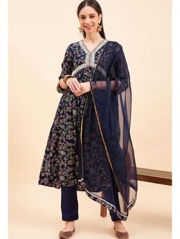 Gahan - Womens Sequence Embroidered Blue Cotton Foil Printed Kurta with Pant & Dupatta