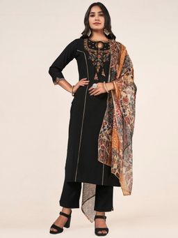 Gahan - Womens Embroidered Black Cotton Blend Kurta with Pant & Digital Dupatta
