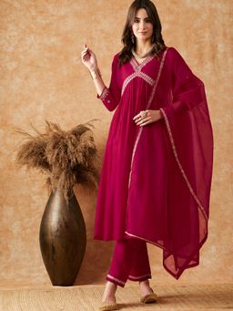 Gahan - Womens Zari Embroidered Sequence Pink Kurta with Pant & Dupatta