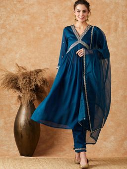 Gahan - Womens Zari Embroidered Sequence Blue Anarkali Kurta with Pant & Dupatta