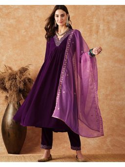 Gahan - Womens Zari Sequence Embroidered Purple Velvet Anarkali Kurta with Pant & Dupatta