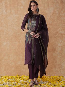 Gahan - Womens Jacquard Purple Kurta with Pant & Dupatta