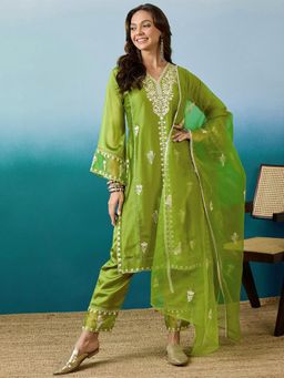 Gahan - Womens Embroidered Sequence Lime Green Kurta with Palazzo & Dupatta