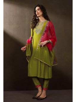 Gahan - Womens Embroidered Zari Sequence Olive Cotton Blend Kurta with Pant & Dupatta